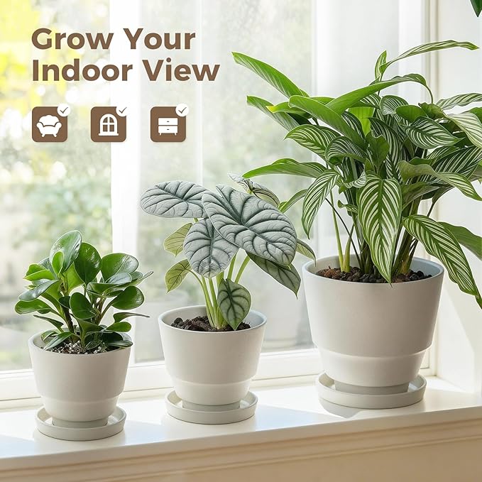 Bamworld Plant Pots Planters for Indoor Plants Flower Pots with Drainage Holes 3.5/4.9/6.3 Inch Set of 3 Plastic Planters for Outdoor Plants Garden Office Room Home Decor Textured White