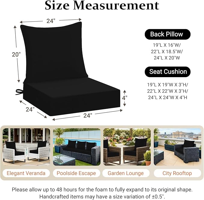 downluxe 24x24 Outdoor Chair Cushions, Waterproof Fade Resistant Patio Furniture Cushions with Handle & Removable Cover, Deep Seat Outdoor Cushions for Sofa, Couch and Patio Chairs, Black