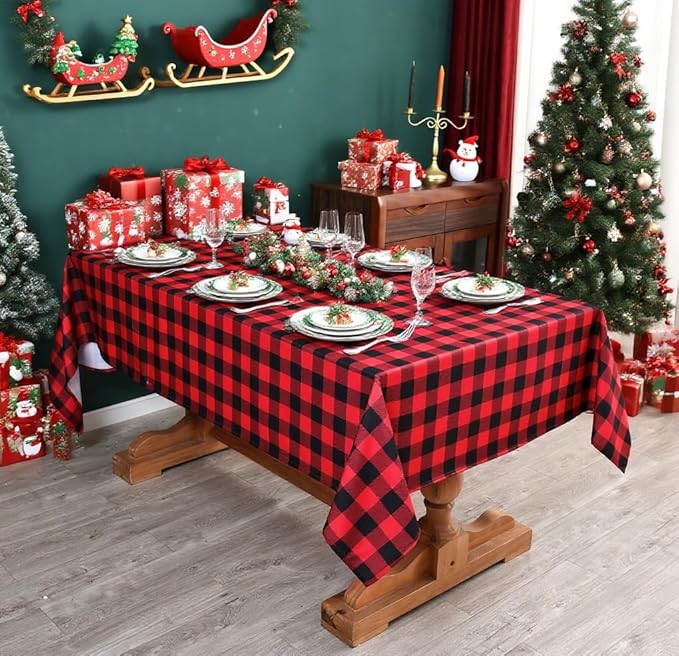 Classic Gingham Buffalo Xmas Tablecloth Fabric - Oblong 58x144 Inch Water Proof Checkered Table Cloth for Indoor Outdoor - Red Christmas Plaid Table Cover for Christmas, Holiday, New Year