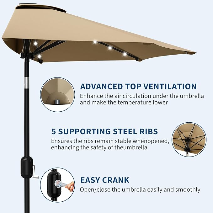 Garvee Patio Umbrella 9FT - Half Umbrella Outdoor with Solar LED Lights and Smooth Crank Lift, Outdoor Shade Canopy for Patio, Backyard, Garden, Deck, Balcony -Tan