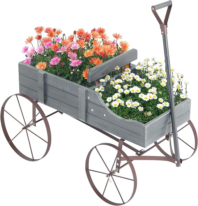 Wooden Wagon Planter, Decorative Garden Wheelbarrow Planter with 2 Planting Sections, Rolling Wheels, Adjustable Handle, Small Wagon Cart Planter Stand for Flowers Vegetables Herbs (Grey)