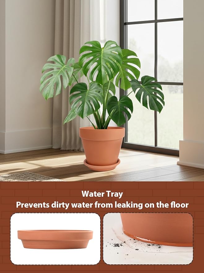 INGOFIN Terracotta Pot with Saucer - 10 Inch Ceramic Clay Pot for Plants with Drainage Hole, Large Terra Cotta Flower Planter with Tray for Indoor Outdoor Plants