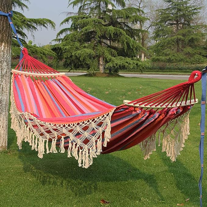 Cotton Canvas Tassel Hammock, Double Boho Hammocks with Macrame Fringe, Portable Camping Indoor Outdoor Garden Hammock Swing with Travel Bag, 150kg Load Capacity Pink Stripes