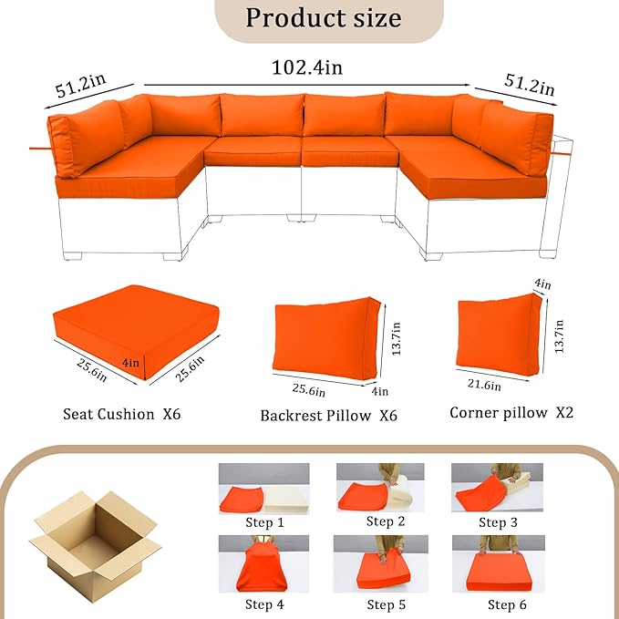 14 Pieces Outdoor Sectional Replacement Cushions for Patio Furniture, 4in Thick Outdoor Sofa Cushions for 6 Seat, Waterproof Deep Seat Couch Patio Cushion Set (Orange Color)