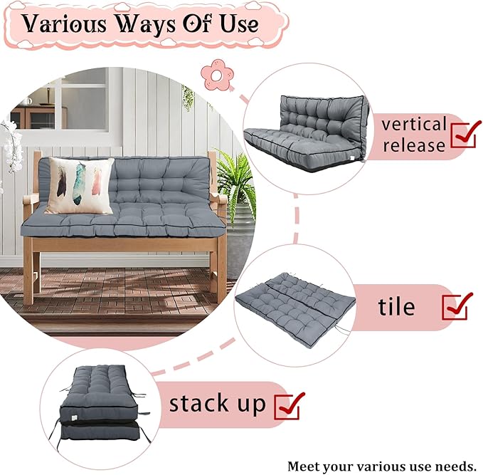 2-3 Seat Swing Replacement Cushion, Outdoor Bench Cushions with Backrest Thicken 4", Patio Furniture Garden Porch Loveseat Glider Pad Anti-Fading Waterproof (French Grey, 40x55in)