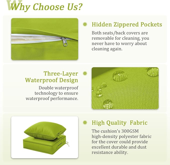 Outdoor Patio Chair Cushions Set 19 L X 19 W X 4 H Inch Waterproof & Fade Resistant Deep Seat and Back Cushions with Removable Covers Outdoor Seat Cushion Set for Chairs and Sofas