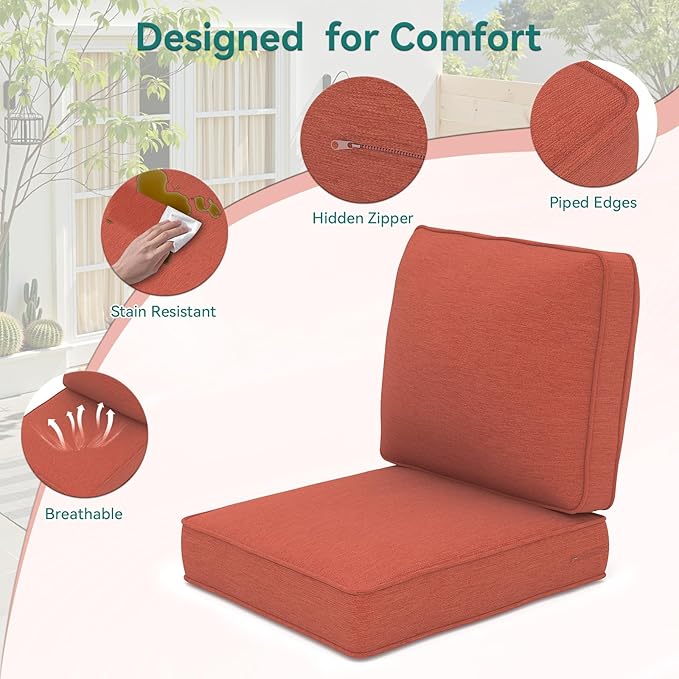 Outdoor Chair Cushions 23" x 24" x 4", Patio Deep Seat Replacement Cushions Set with Zippered Removable Cover, Weather-Resistant Olefin Fabric for Garden Chair Sofa Couch, Set of 5, Red