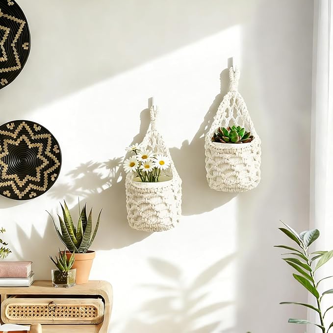 Macrame Wall Plant Hanger, Hanging Planter Basket Holder, Wall Planters for Indoor Plants, for Up to 4 Inch Pot (Ivory, 4-Inch)