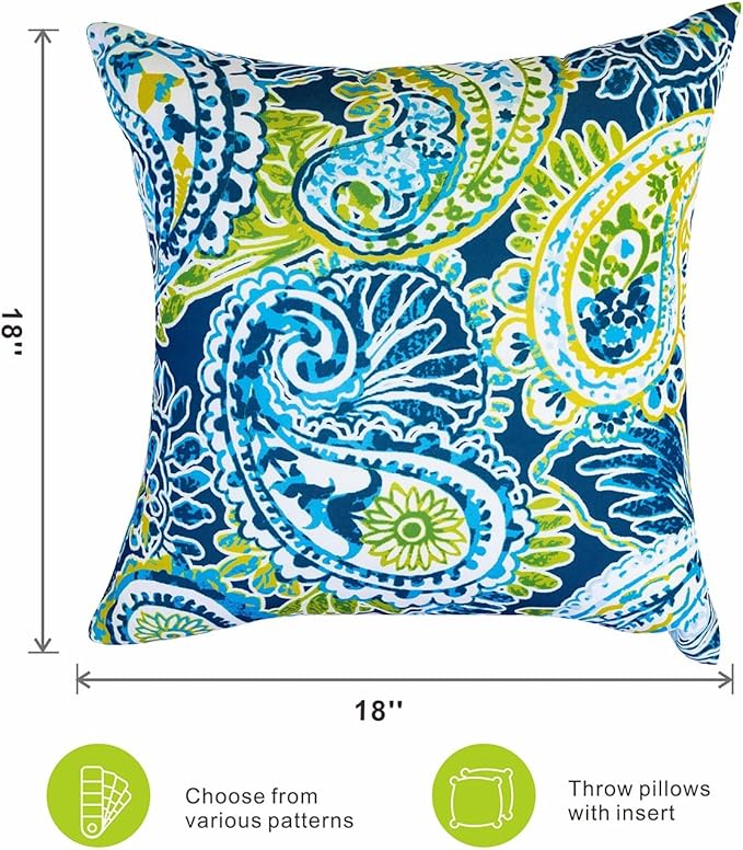 JMGBird Water-Resistant Outdoor Pillows Set of 2, 18x18 inch Durable Green Paisley Pattern Throw Pillows with Inserts for Patio Furniture