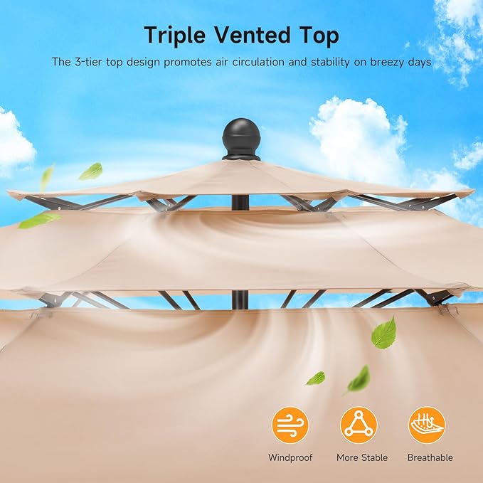 10 FT Patio Umbrella, 3 Tier Outdoor Table Umbrella with 8 Sturdy Glass Fiber Ribs and Push Button Tilt, Outdoor Patio Umbrellas for Market Pool Garden Backyard, 1.5" Pole, Champagne (No Base)