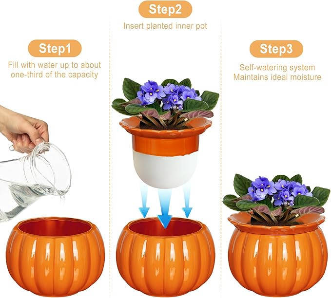 African Violet Pots, Self-Watering Ceramic Planter – 6 Inch Pot for Indoor Plants, Simple Self-Watering Design for Home & Office Décor, Bright Pumpkin Orange