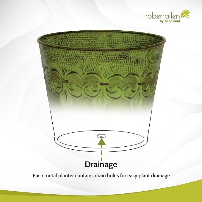 Headwind Ironlite Fleur De Lis Collection – 6" Tansy Green Decorative Planter with Drain Plug – Lightweight Metal Garden Pots for Indoor & Outdoor Planters Use by Robert Allen