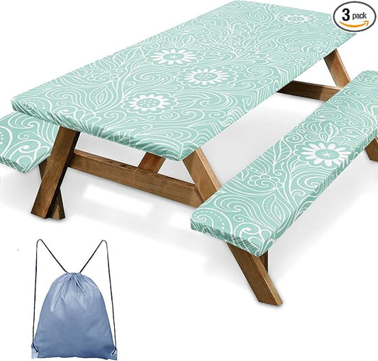 Picnic Table Cover with Bench Covers Elastic Edges, Boho Camper Fitted Table Cover, Outdoor Patio Camping Essentials 72 Inch 3PCS, Waterproof Camping Fitted Tablecloth with Drawstring Bag