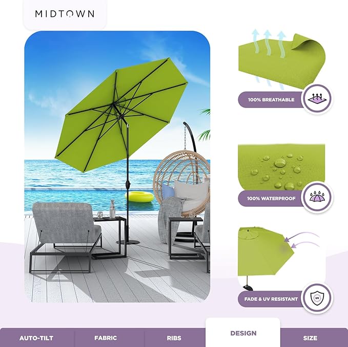 Midtown Umbrellas - 10-Year-No-Fade 8 Ft Patio Umbrella with Terylast Fabric, Auto-Tilt Aluminum Frame and 8 Reinforced Ribs for Deck, Pool, Garden & Beach - Pear Green Canopy, Black Pole