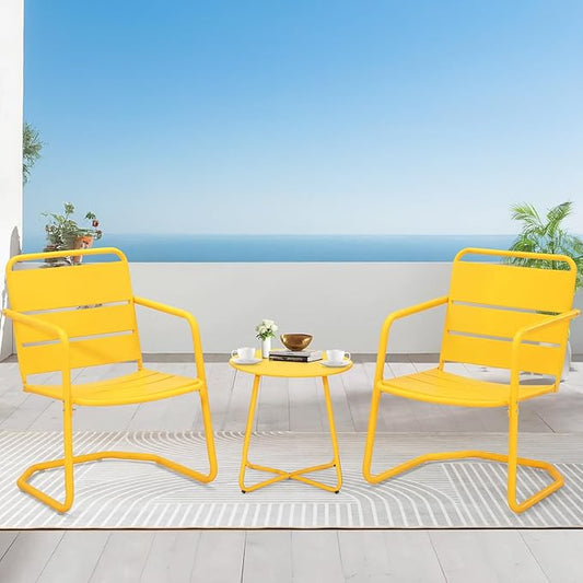 MELLCOM 3 Piece Patio Set, Small Patio Furniture Set - 2 C-Spring Metal Chairs with Round Side Table, Outdoor Bistro Set for Balcony, Front Porch, Poolside, Garden, Deck, Yellow