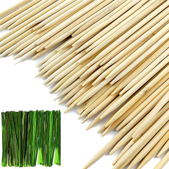 GXXMEI 100PCS 18" Bamboo Plant Stakes with 100PCS 4" Green Garden Ties, Plant Sticks Support, Floral Plant Support Wooden, Indoor Gardening Plant Supports, Wooden Sign Posting Garden Sticks