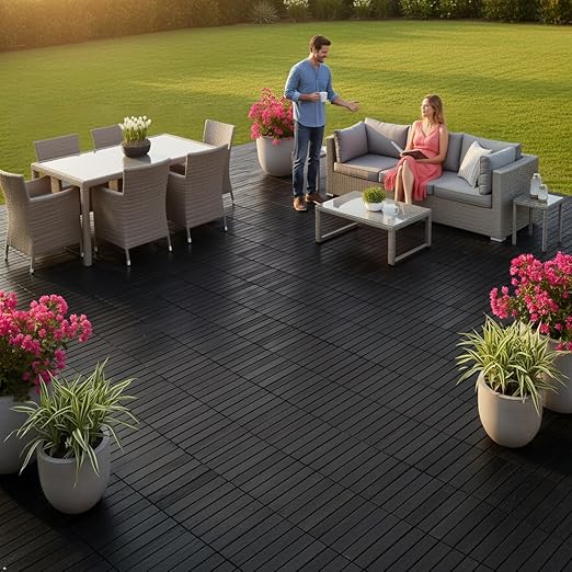 Acacia Wood Patio Deck Tiles - 27 Pcs 12 Slats Interlocking Decking Tiles for Patio Decor, Waterproof Indoor & Outdoor Use, Garden Decking Tile (12.2 x 12.2 x 0.7) - Black