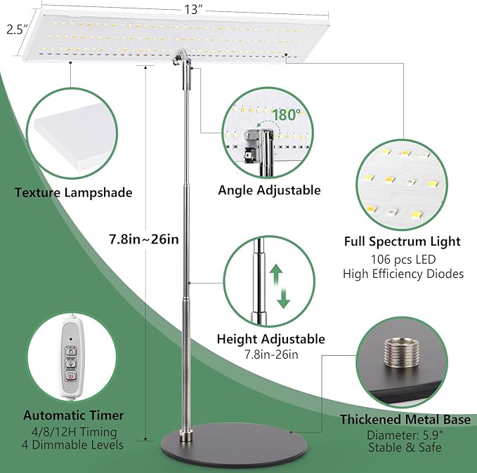 LORDEM Grow Light for Indoor Plant, Full Spectrum LED Plant Light, Height Adjustable Growing Lamp with Auto On/Off Timer 4H/8H/12H, 4 Dimmable Brightness, Ideal for Home Desk Plant Lighting, 2 Pack