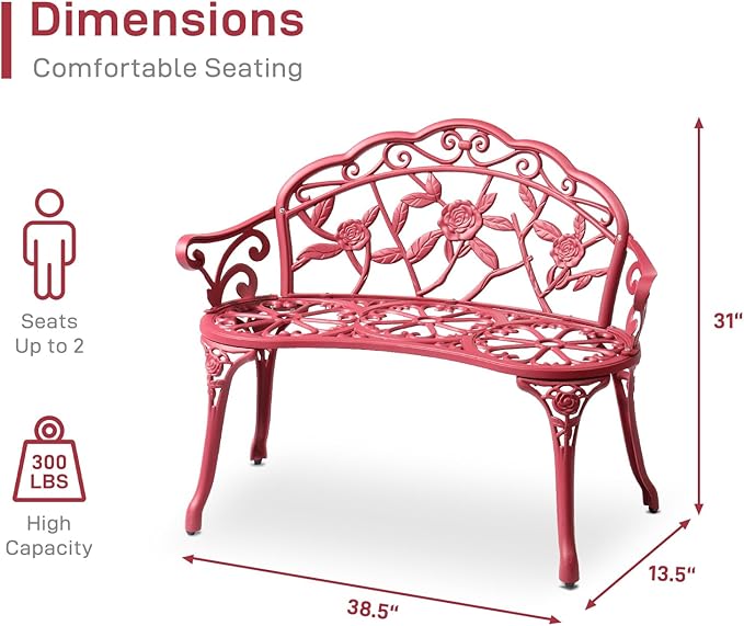 Outvita Outdoor Cast Aluminium Bench - Anti-Rust Weather Resistant Patio Bench, Rose Pattern, 39" H x 59" L x 22" D