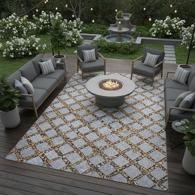 Natural Grey Brown Pebbles and Rocks Rustic Farmhouse Waterproof Outdoor Rugs for Patios Deck Porch Balcony Garden Camping Backyard Low Pile Mat Thin Quick Dry Durable Art Deco Floor Carpet 7x9