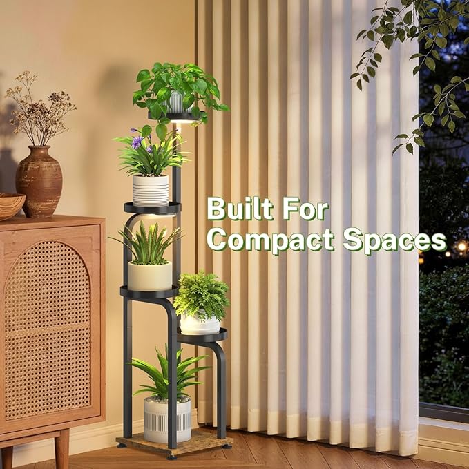 iDavosic.ly Tall Plant Stand Indoor with Grow Light, 4 Tier Corner Multiple Flower Holder Shelf with Metal Trays, Space Saving Display Rack for Living Room Balcony Patio Porch | Black & Brown