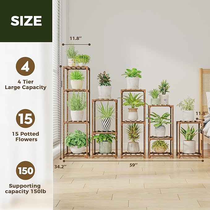 Bamworld 5 Sets Plant Stands Indoor Outdoor Combo Plant Shelves Wooden Plant Holder Rack for Multiple Plants Flower Stands for Living Room Balcony Garden Patio Lawn Window