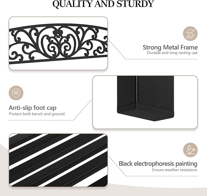 VINGLI Outdoor Bench for Patio Metal Garden Bench w/PVC Back Pattern, Black Park Benches Front Porch Benches for Yard Lawn Decor Deck Entryway (Black-Floral)