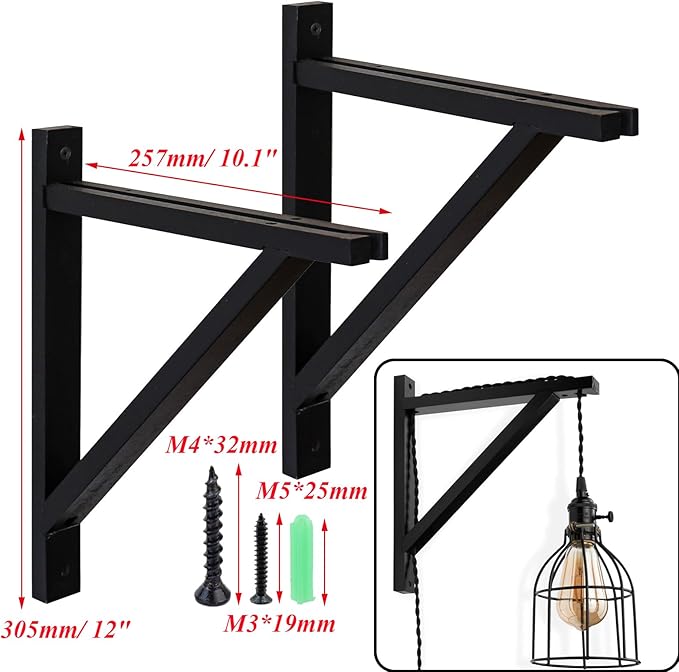 Antrader Wood Shelf Bracket, 2Pcs Wall Mount Triangle Floating Shelf Supports for Hanging Sconce Pendant Lamp,Planters,Wind Chimes, Include Mounting Screws(12"x10",Black)