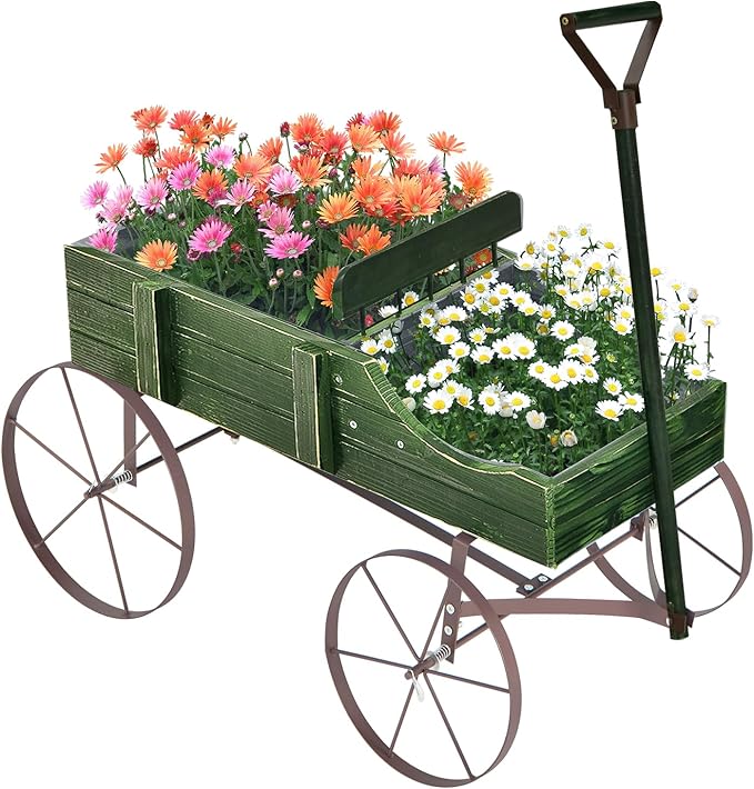 Wooden Wagon Planter, Decorative Garden Wheelbarrow Planter with 2 Planting Sections, Rolling Wheels, Adjustable Handle, Small Wagon Cart Planter Stand for Flowers Vegetables Herbs (Green)
