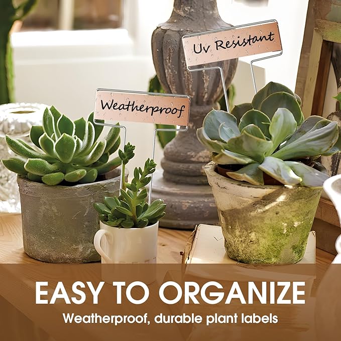 25PCS 10" Copper Metal Plant Tags Plant Labels with 50Pcs Labels, Rainproof PET Film & 2 Permanent Pen, Weatherproof Banner Garden Markers, Marking Protection Seedling Signs Nursery Tags