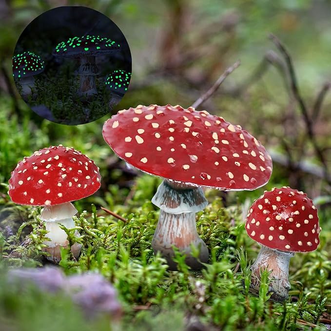 3 Pcs Garden Mushroom Decor Glow in The Dark Mushroom Decor, Fairy Garden Accessories Status Perfect for Fairy Gardens, Terrariums & Planters