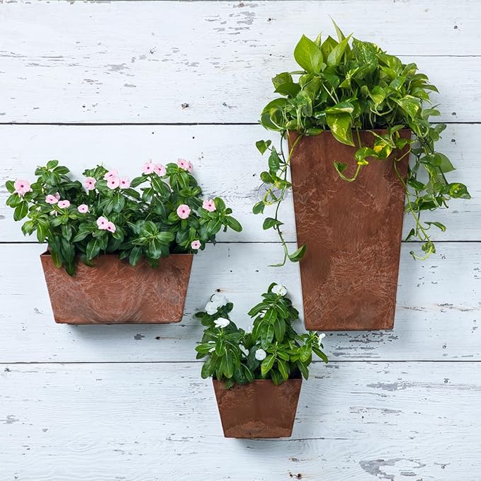 Root & Vessel Self Watering Wall Planters for Indoor or Outdoor Plants, Unique Marbled Wall Pot, Made of Eco-Friendly Blend of Stone and Plastic, Rust, 14.5"