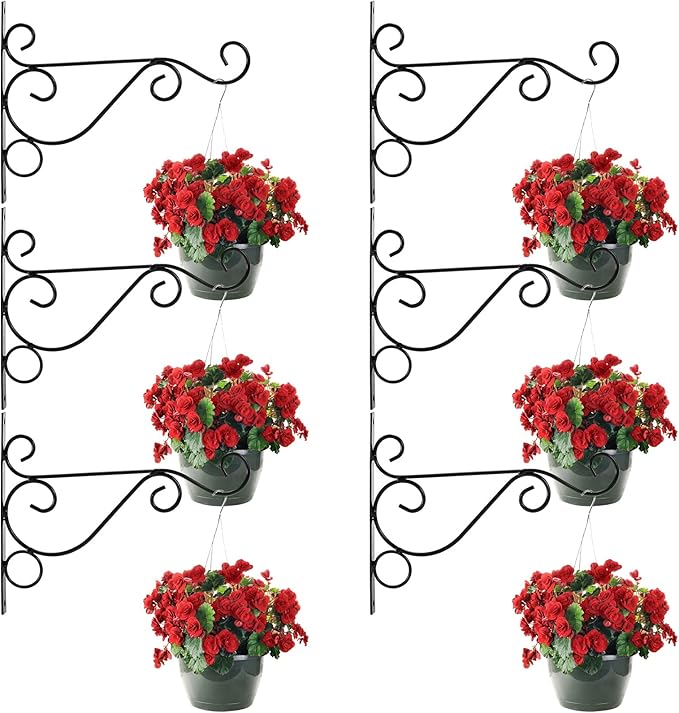 Fasmov 6 Pack Hanging Plant Brackets, 10" Sturdy Iron Wall Mount Flower Basket Hook Indoor Outdoor Bracket for Hanging Bird Feeders, Lanterns, Planters, Wind Chimes, Ornaments with Screws (Black)