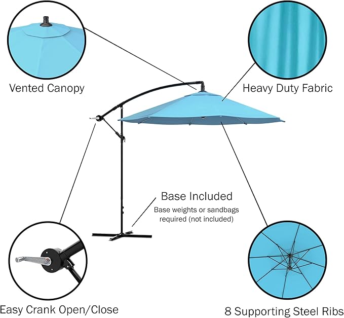 10 Ft Offset Cantilever Patio Umbrella - Fade-Resistant Shade Umbrella Outdoor Patio Canopy with Cross Base for Garden, Lawn, Deck, Yard or Pool by Pure Garden (Blue)