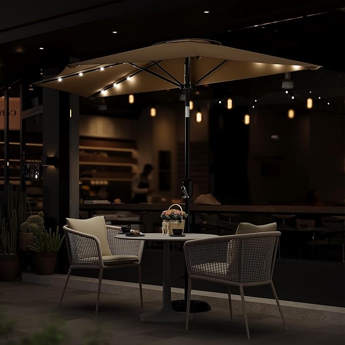 Garvee Patio Umbrella 9FT - Half Umbrella Outdoor with Solar LED Lights and Smooth Crank Lift, Outdoor Shade Canopy for Patio, Backyard, Garden, Deck, Balcony -Tan