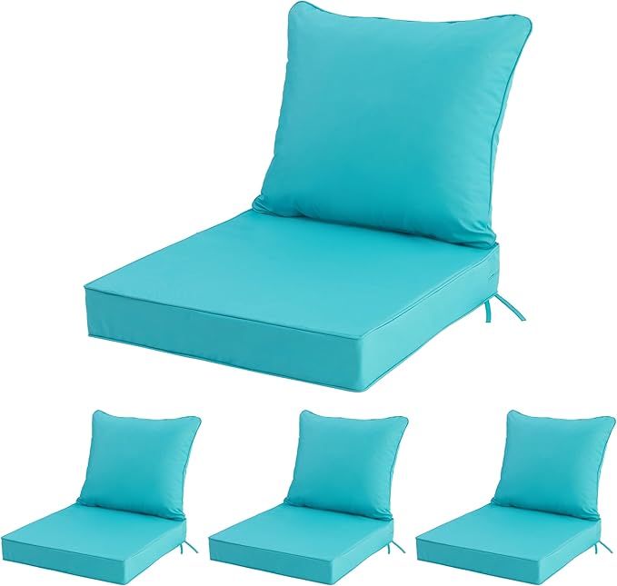 24x24 Inch Outdoor Chair Cushions Set of 4, Patio Furniture Cushions - Removable Cover, Water-Repellent, Fade-Resistant, Non-Slip Bottom & Straps, Replacement for Deep Seat Sofa & Couch - Teal