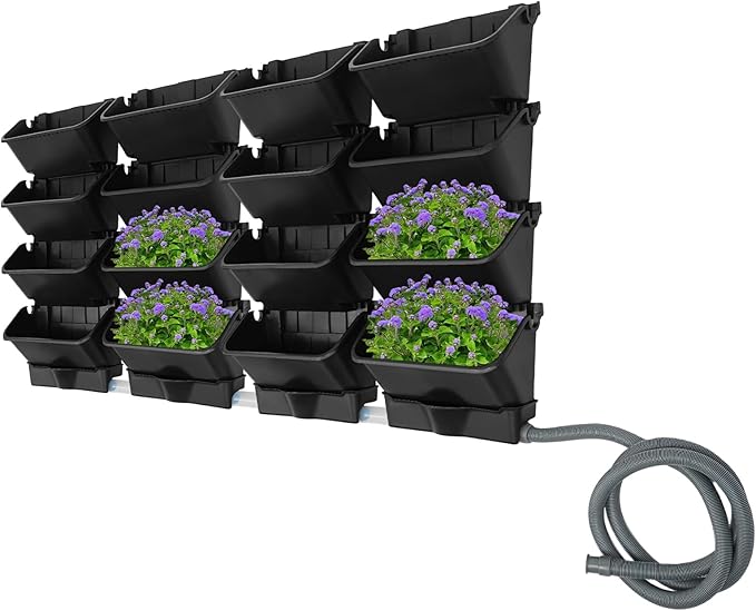 20Pack Vertical Wall Planter, 13 inch Wall Mounted Garden Planters, Stackable Wall Hanging Planter, Plastic Flower Pot with 4 Drainage Tray & 6.56FT Drainage Pipe for Indoor and Outdoor (Black)