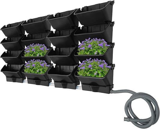 20Pack Vertical Wall Planter, 13 inch Wall Mounted Garden Planters, Stackable Wall Hanging Planter, Plastic Flower Pot with 4 Drainage Tray & 6.56FT Drainage Pipe for Indoor and Outdoor (Black)