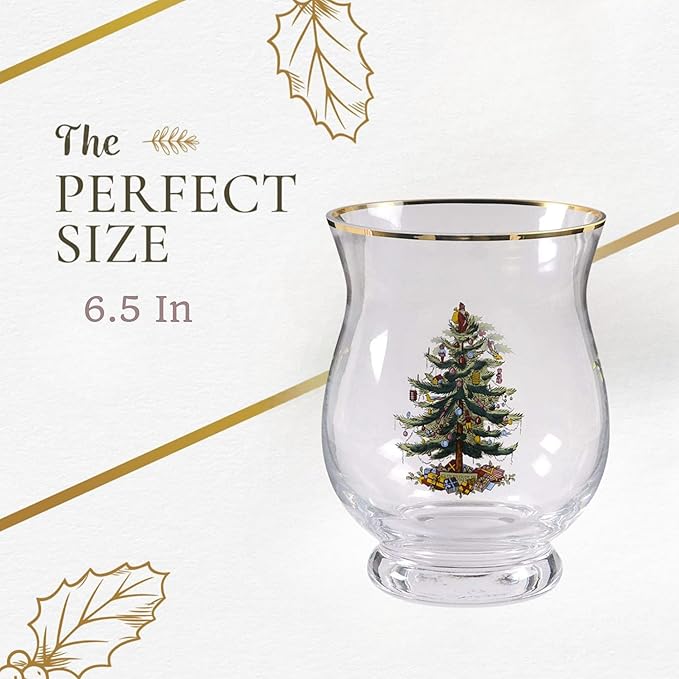 Spode Christmas Tree Hurricane Pillar Candle Holder, Glass Flower Vase, Terrarium Planter, Decorative Centerpiece, Use for Floating Tealights, Home Display, Holiday, 6.5”