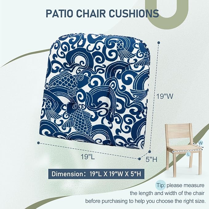 downluxe Outdoor Chair Cushions Set of 2 for Patio Furniture, Waterproof Tufted Overstuffed Patio Furniture Cushions, Thick Outdoor Seat Cushion, 19" X 19" X 5", Blue Carp