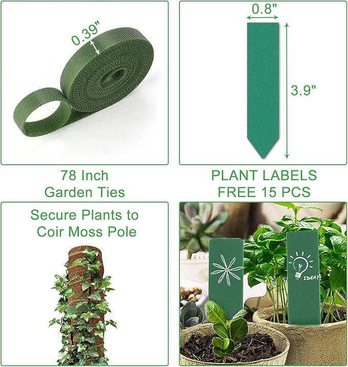 GROWNEER 24 Inch Moss Pole for Plants Indoor, 2 Pcs 15 Inch Stackable Coir Totem Monstera Support, Moss Sticks with 15pcs Labels and 78in Garden Ties, Stake for Climbing Snake Plants Indoor