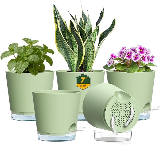7 inch Self Watering Pots for Indoor Plants, 5 Pack Plant Pots with Drainage Holes & Clear Reservoir for Visible Water Level, Plastic Wicking Planter Pots for House Plants and Flower, Green