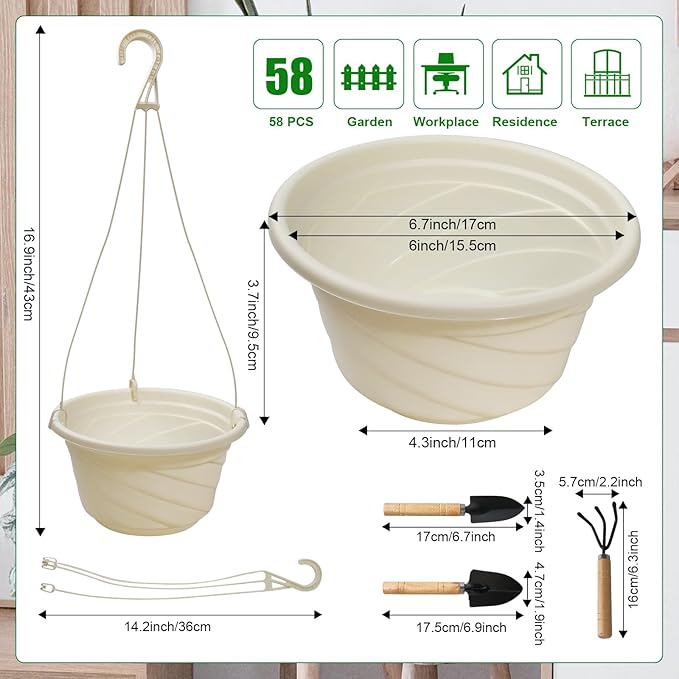 58 Pcs Plastic Hanging Planter Set with 2 Sets Potting Tools, Indoor Outdoor Flower Containers with Hooks Round Hanging Pots for Plants, Balcony and Garden Decor