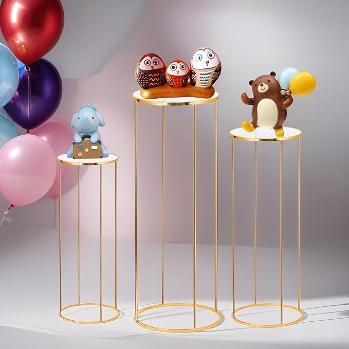 3PCS Cylinder Pedestal Stands for Parties, Gold Metal Plant Round Cylinder Stands for Party Flowers, Display Columns Pedestal Stand Cylinder Tables for Vases Birthday Party Backdrop Decorations