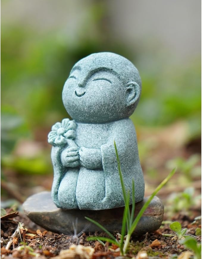 OwMell Japanese Jizo Monk Statue, Buddha Jizo Figurine Memorial Aquarium Statue Ornament - Flower