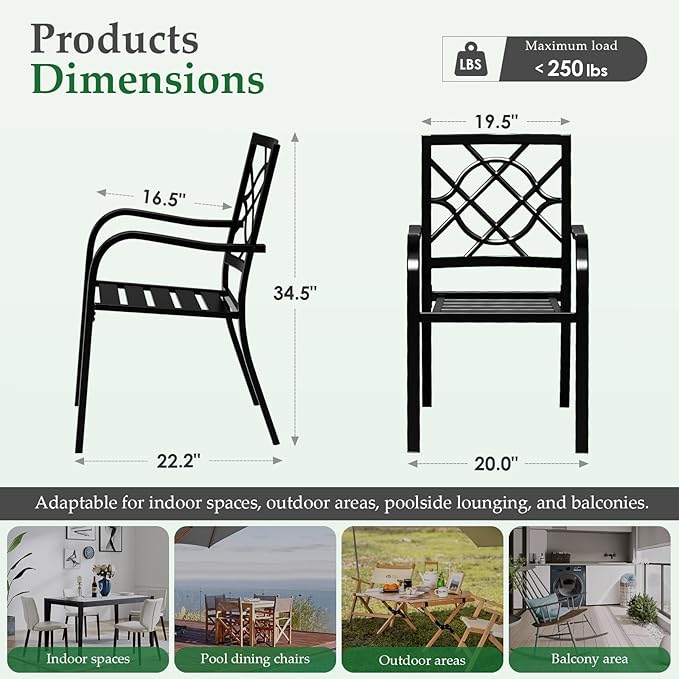 Crownland Patio Wrought Iron Dining Chairs Set of 4, Outdoor Bistro Stackable Metal Chairs with Armrests for Garden, Poolside, Backyard (Black)
