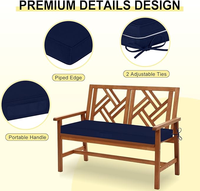 downluxe Outdoor Bench Cushion Waterproof, 45 x 18 Inch Patio Furniture Cushions with Adjustable Ties & Portable Handle, Porch Swing Cushions, Bench Cushions for Outdoor Furniture, Navy