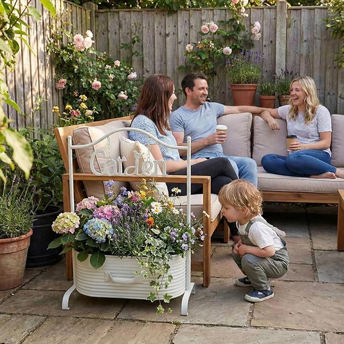 Vintage Metal Planter, Farmhouse Distressed Decorative Outdoor Garden Flower Pot,Farmhouse Plants Holder Succulents Tubs for Garden Patio Yard Outdoor Decor (White)