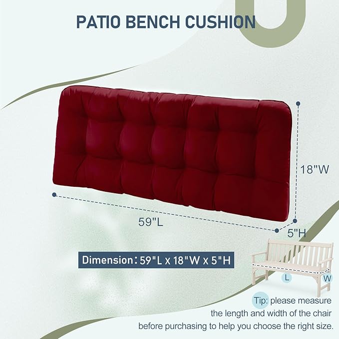 downluxe Outdoor Bench Cushion for Patio Furniture, Waterproof Tufted Overstuffed Porch Swing Cushions, Thick Outdoor Loveseat Cushions, 59" x 18" x 5", Burgundy, Set of 1