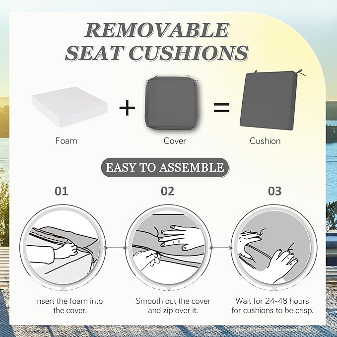 Waterproof Outdoor Chair Cushions Set of 2, Square Outdoor Seat Cushions with Ties and Removable Covers, 19 x 19 Outdoor Cushions for Patio Furniture with Portable Handle(Grey)